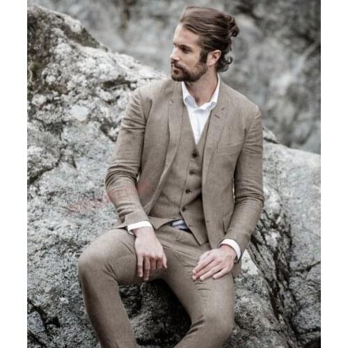 2020 Classic Summer Mens Suit Grey Beach Linen Wedding Suits for Men Groom Tuxedo 3 pieces Casual Mens Suits Jacket Pants Vest