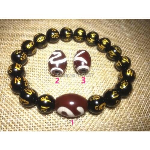 Red Tibet DZI 10mm Black Agate beads Gold 6-word beads bracelet men&women jewelry Various patterns optional Free Shipping