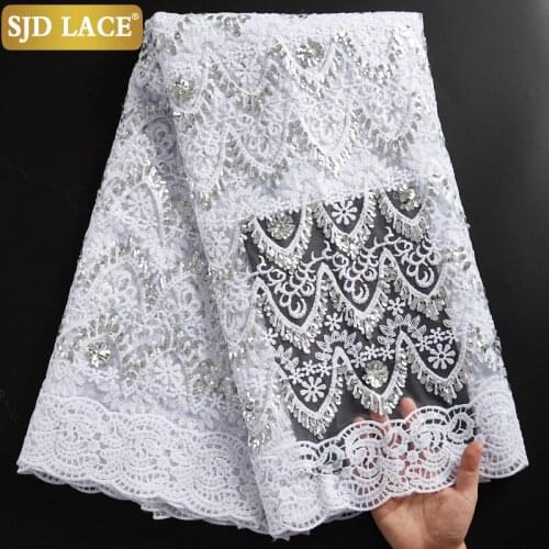 SJD LACE White African Lace Fabric Heavy Sequins French Mesh Lace Fabric Embroidery Sequined Milk Silk Lace For Wedding SewA2296