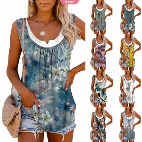 Summer Cropped Top Women Print Sleeveless Pleated Vest Ladies Breathable Camisole