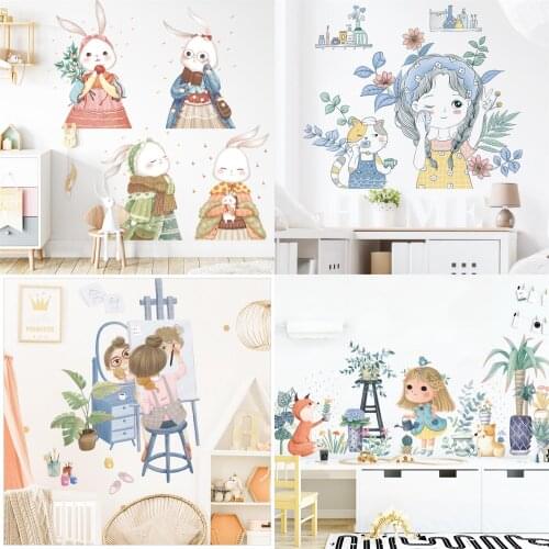 Cartoon Rabbit Wall Sticker for Girls Room Cat Sticker Plant Wall Decal Bedroom Livingroom Background Mural Wall Decoration