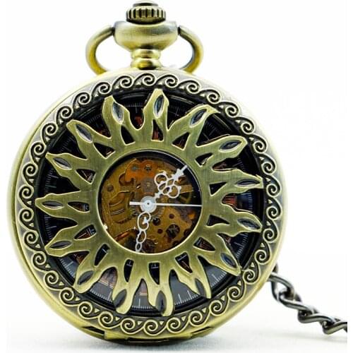 5pcs/lot Mens Best Vintage Pocket Watches Hollow Sunflower Mechanical Pocket Watch Mechanical Men With Fob Chain PJX1162