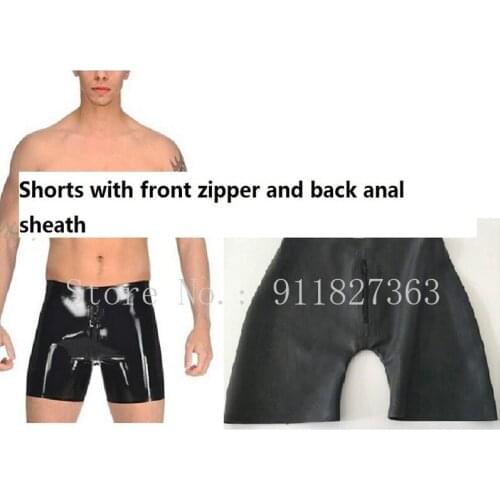 Handmade Men Latex Rubber Fetish Shorts Underwear with an Attached Anal Sheath Front Zipper New sexy plus big Men