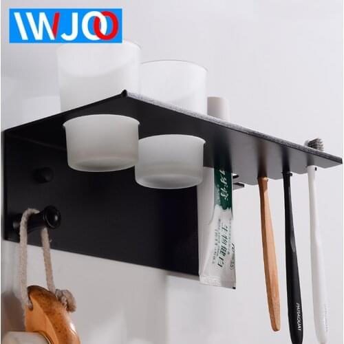 Black Toothbrush Holder Couple Space Aluminum Bathroom Shelves Shower Storage Rack Decorative Toothbrush Holder Set Wall Mounted