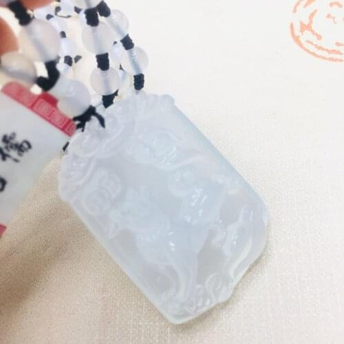 Natural Brazilian Ice Bottom Jade Carving White Zodiac Dog Pendant with Chalcedony Bead Necklace Womens Sweater Chain