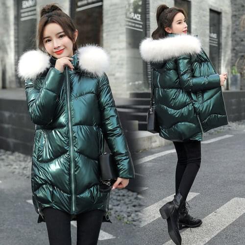 2021 New Winter Cotton Jacket Womens Bright Face Fashion Loose Coat Female Thick Warm Hooded Plus Size Jackets Womens Clothing