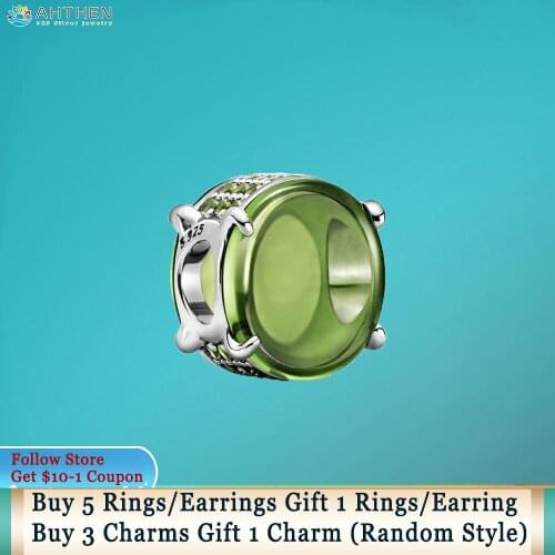 Ahthen 925 Sterling Silver Beads Green Oval Cabochon Charm fit Original Pandora Bracelets for Women Jewelry Making Birthday Gift