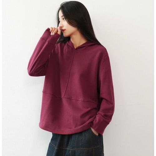 Autumn Winter Hooded Hoodies for Girls Korean Loose Tops for Women Casual Long Sleeve Cotton Vintage Sweatshirt Wine Red Hoodie