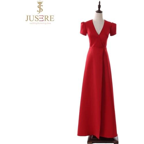 Jusere Real Photos Simple Red Straight Evening Dress Short Sleeves V Neck Occasion Dresses Reception Dresses Elegant