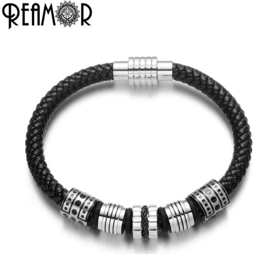 REAMOR 2019 New Male Charm Bracelets Jewelry Black Genuine Leather Braided Bracelet 316l Stainless Steel Magnetic Clasp Bangles