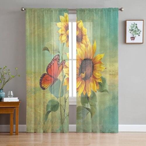 Luxury Sheer Curtains Sunflower Butterfly Watercolor Kitchen Bedroom Living Room Curtains Study French Window Chiffon Curtains