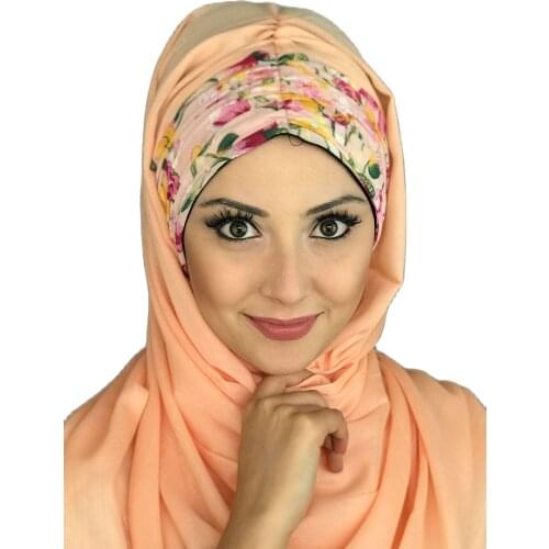 New Fashion 2021 Hijab Islamic Clothing Turban Women Hat Summer Season Scarf Sweet Salmon Flower Pattern Shirred Ready Shawl