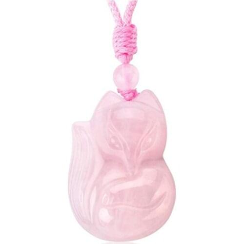 FYJS Unique Jewelry Handmade weave Natural Rose Pink Quartz Pendant Lovely Fox Necklace for Anniversary Gift