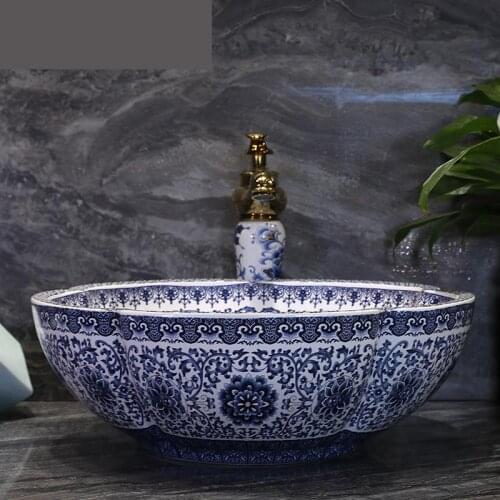 Bathroom Counter Top Wash Basin Cloakroom Hand Painted Vessel Sink vessel sink blue and white ceramic wash basin bathroom sink