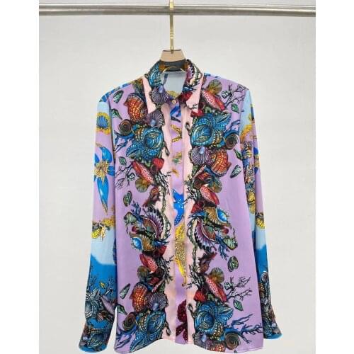 New 2021 Summer Women Fashion Runway Silk Shirt Long Sleeve Single Breasted Flowers Vintage Print Blouses Tops