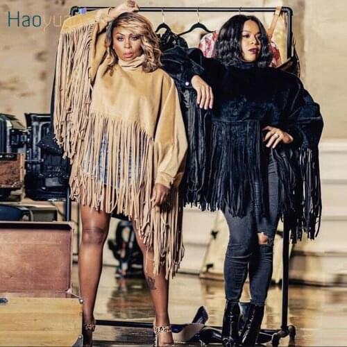 HAOYUAN Plus Size Women Clothing Tassel Tops Long Sleeve Fall Outfits Fashion Street Loose T Shirt Sexy Velvet Harajuku Y2k Tops