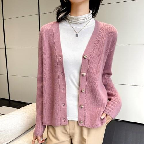 Women Jackets 100% Merino Wool Knitted Cardigans Hot Sale Spring New Fashion V-neck Long Sleeve Knitwears 6Colors Ladies Clothes