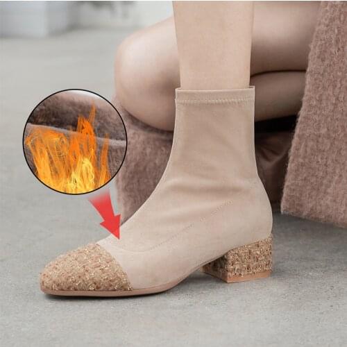 Plus Size 34-43 Womens Boots Mixed Colors Yarn Elastic Ankle Boots Thick Heel High Heels Shoes Woman Female Socks Boots Spring