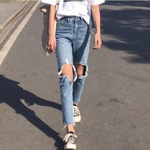 Women Jeans With Holes In The Knee S-Xl Small Size Light Blue Harem Classic Pants Streetwear Fashion Ripped Denim Jean Straight