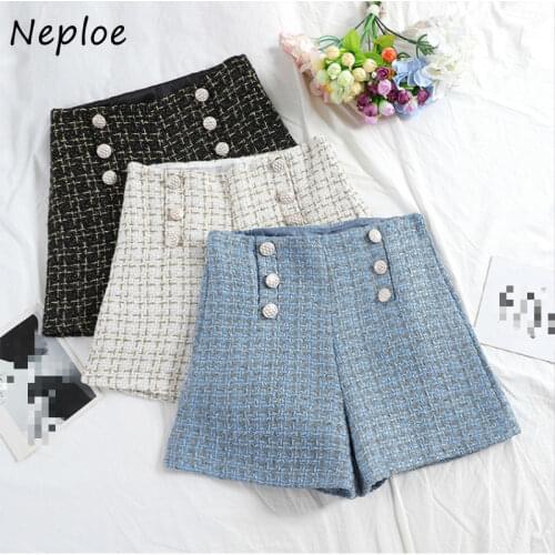 Neploe High Waist Shorts Women 2021 Autumn New Korean Double Breasted Plaid Causal Sweet Office Lady Wide Leg Shorts 82012