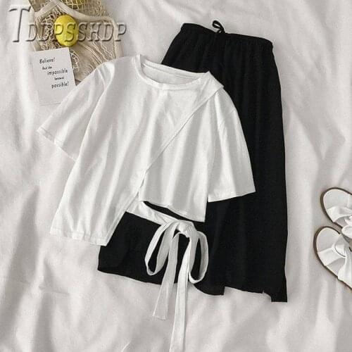 2020 New Summer Women Sets Bandage Short Sleeve T Shirt And High Waist Skirt Female Sets