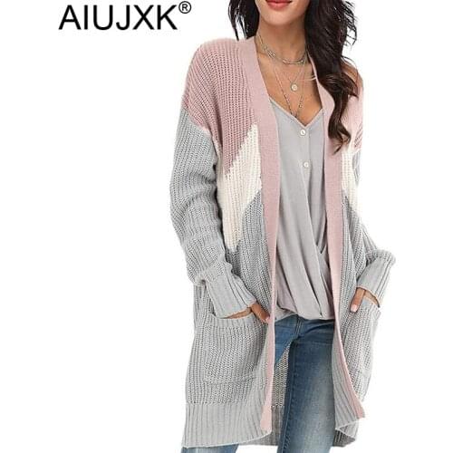 AIUJXK New 2020 Autumn Winter Knitted Cardigan Fashion Color Block Long Sweaters Coat Female Thick Long Sleeve Casual Cardigans