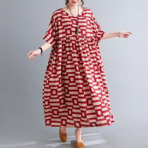 Plus Size Dress Women Sundress Oversize Batwing plaid Maxi Long Dress Oversize Cotton Linen Boho Dress Lady Vestidos 4XL 5XL 6XL