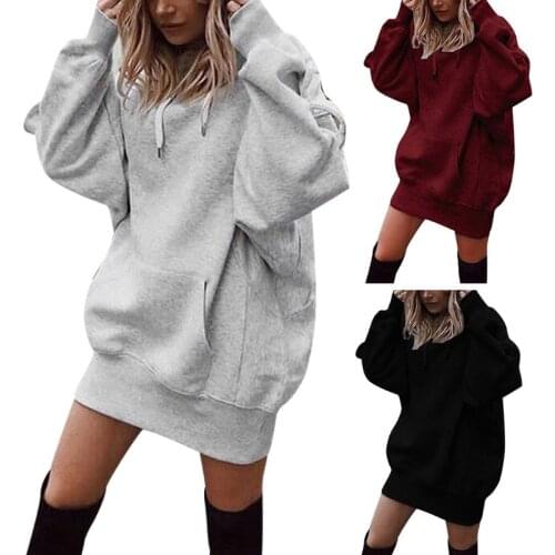 Women Long Sleeve Oversized Hoodies Dress Drawstring Pullover Tunic Sweatshirt F3MD