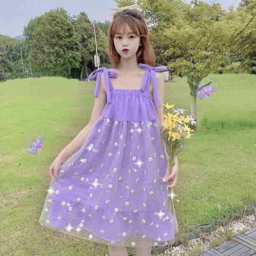 Sweet Daisy Embroidered Bow Strap Skirt Fashion 2020 Summer New Style Horizontal Neck Mesh Dress Female lolita deress