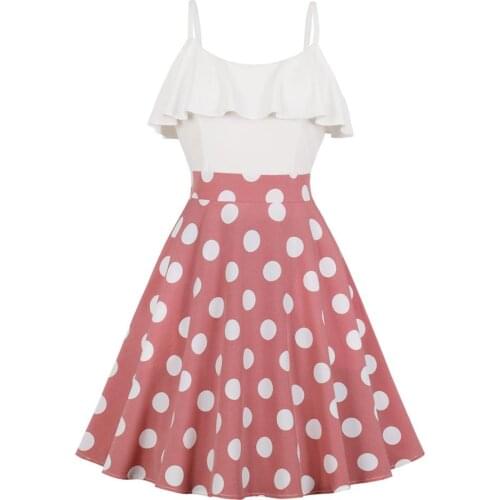 2019 Summer Women Red Retro Halter Sleeveless High Waist Dress Dot Spaghetti Strap Dress 50s 60s Rockabilly Party Dresses