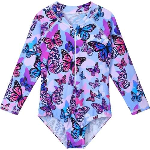 BAOHULU Purple Butterfly Cartoon Kids Swimwear UV50+ Long Sleeve Swimwear Girl Child Swimsuit Girls Swimwear Bathing Suits