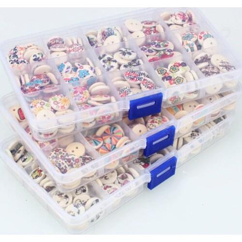 Big Discount!225pcs Print 2 Holes Wooden Buttons with storage box 15 style decorative buttons for clothing sewing accessories