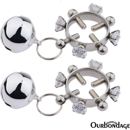 Ourbondage Stainless Steel 2 Type Diamond Ring Nipple Clamps Clips With Chains or Bells Adult Sex Toys For Women Lesbian Couples