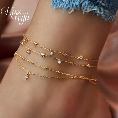 KISSWIFE Bohemian Love Cross Anklets Crystal Multi-layer Anklet for Women Foot Leg Beach Anklet Jewelry