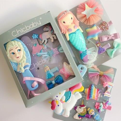 New Fashion Baby Hairpin Childrens Frozen 2 Elsa Princess Hair Accessories Set Rainbow Mermaid Comb New Year Gift Box Hair Clip