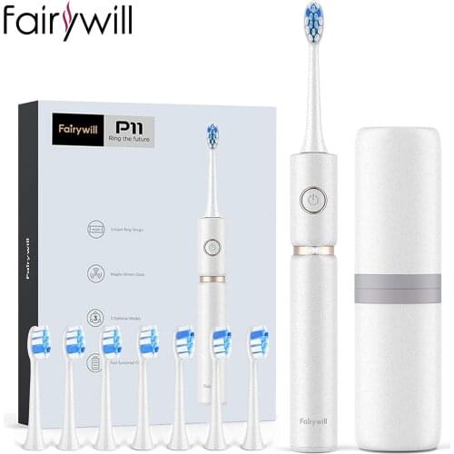 Fairywill P11 Sonic Electric ToothbrushUltra Powerful USB Charger Waterproof Rechargeable Whitening 4 Heads and 1 Travel Case