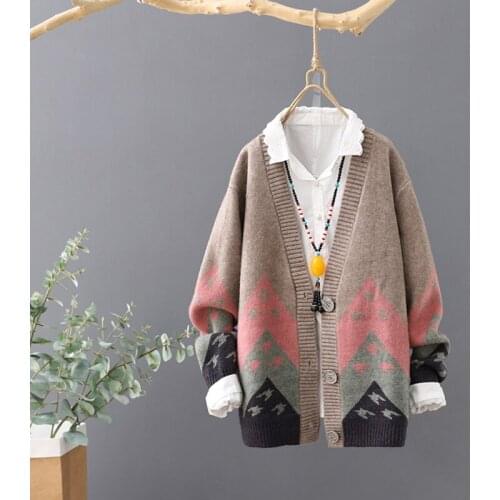 WWENN Autumn Winter Knitted Chinese Cardigan Loose Streetwear Knit Sweater Coat Print V Neck knitted cardigan Women Jacket