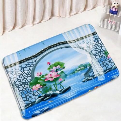 Green Leaves Lotus Chinese Style Bath Mats Arch Black Stone Natural Scenery Home Door Mat Flannel Foot Pad Bathroom Non-slip Rug