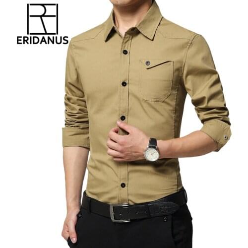 2016 Spring Men Dress Shirts Pure Color Fashion Pocket With Button Slim Fit Full Sleeve Male Turn-down Collar Casual Shirt M049