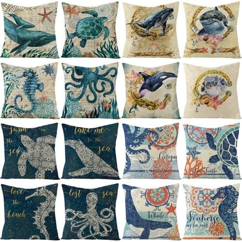 Cushion Cover 45*45 Marine life Printed Pillow Covers Sofa Cushions Pillow Cases Cotton Linen Pillowcase Home Decor KD-0375