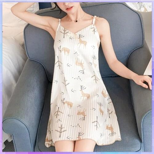 Ice Silk Nightdress Womens Sleep Wear Korean Night Gowns With Chest Pad Summer Sexy Young Girl Stripe Nightwear Home Clothes