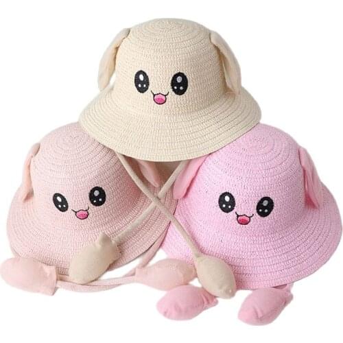 Xinyixiang New Childrens Cap Straw Hats Moving Rabbit Ears Cute Cartoon Pink Bunny Baby Spring Outing Sombrero Sun Bucket Hat