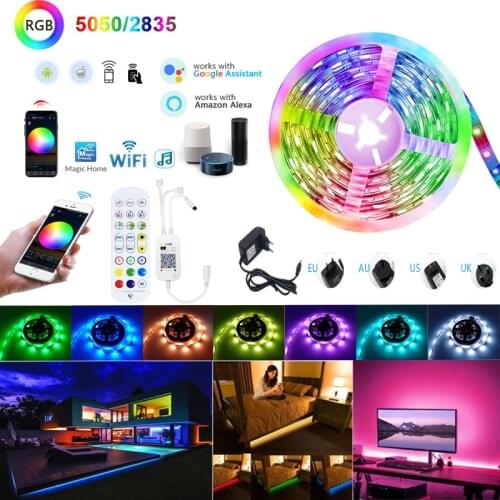LED Strips Lights Bluetooth Luces Led RGB SMD 5050 2835 Flexible Waterproof Tape Diode 5M 10M 15M DC 12V Remote Control+Adapter