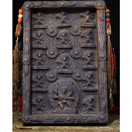 "Tibet Buddhism Old Bodhi root mosaic Bronze Four-armed Mahakala statue Prayer flags Old scripture Exorcism Ward off evil spirit