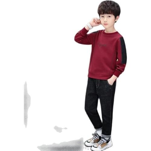 Spring & Autumn Cotton Boys Sets Korean Version Splicing Sports Sweatshirt Solid Color Jeans Two-piece Suit Childrens Clothing