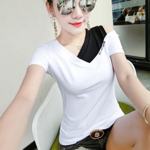 #6002 Spliced Color Off Shoulder T Shirt Women Sexy Club Skinny T Shirt Female Skew Collar Streetwear Tshirt Summer Tops 2021