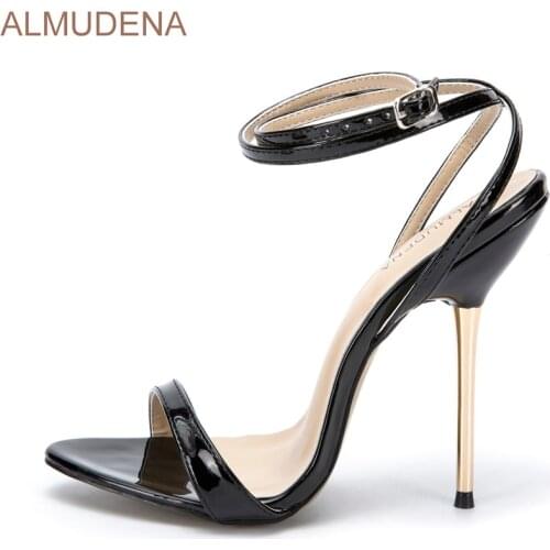 ALMUDENA Women Chic Black Patent Leather Sandals Thin Metal Gold Heels Dress Shoes Single Strap Nightclub Girls Shoes Discount