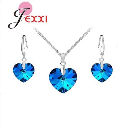 Jewely Sets 18" Blue Austrian Crystal Pure Genuine 925 Sterling Silver Ocean Sea Heart Statement Women Party Gift