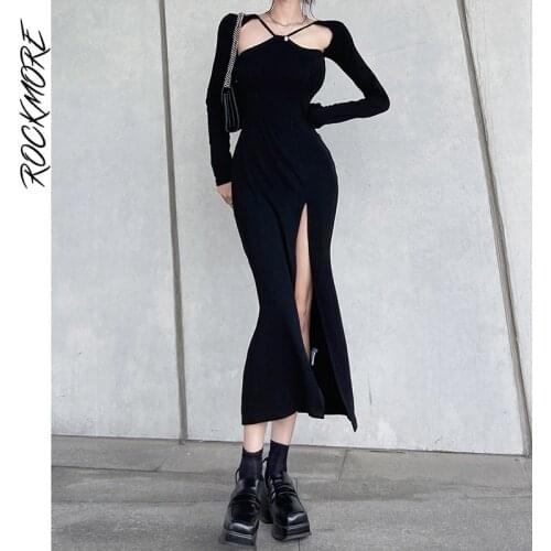 Rockmore Elegant Split Midi Dress Womens Long Sleeve Bodycon Dress Streetwear Sexy Club Hollow Out Party Dresses Korean Fashion