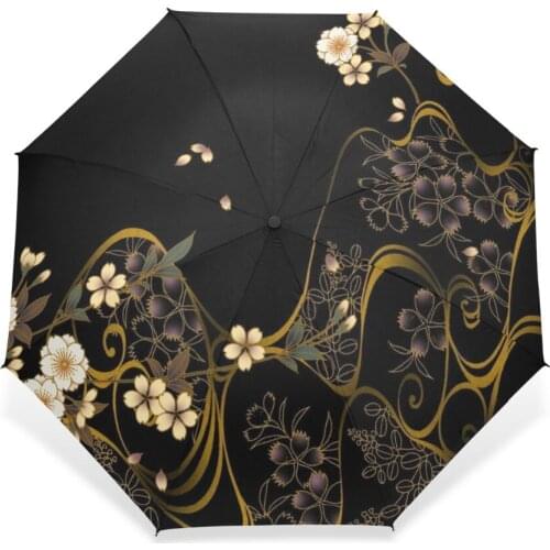 Black Elegant Flower Three Folding Simple Print Rain Sun Sunshine Anti-UV New Design Umbrellas For Women Girl